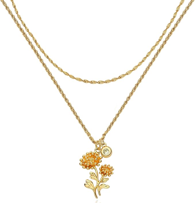 レディース レイヤード 誕生花ネックレス セット ゴールド 14Kメッキ 重ねづけ 優雅 誕生石 ペンダント ネックレス 女性向けジュエリーギフト