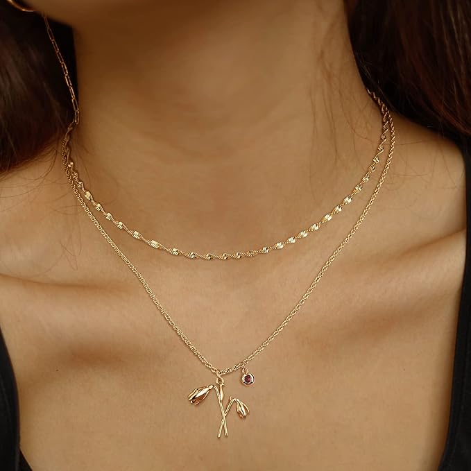 レディース レイヤード 誕生花ネックレス セット ゴールド 14Kメッキ 重ねづけ 優雅 誕生石 ペンダント ネックレス 女性向けジュエリーギフト